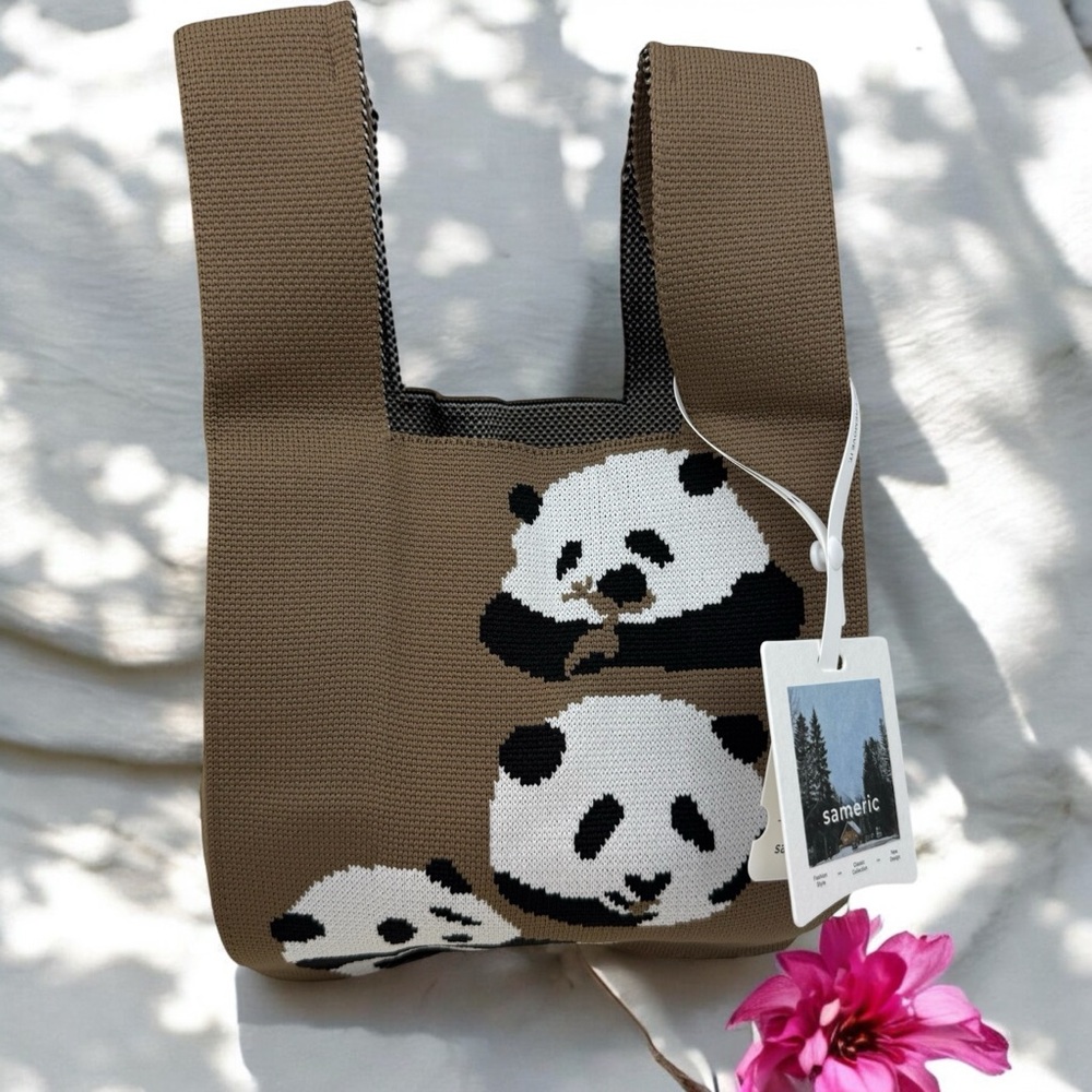 NWT Dark Chocolate Pandas Compact Stylish Essentials Handheld Bag